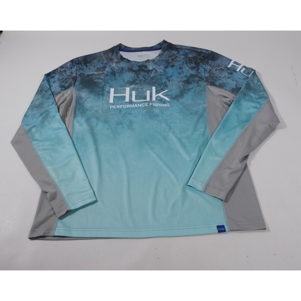 Huk Performance Fishing Shirt Mens L Blue Grey Long Sleeve Graphic Tee Active